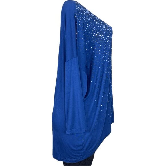 Design History XXL Blue Sapphire Studded V-Neckline 3/4 Sleeve Step-Hemline Top - Picture 4 of 7